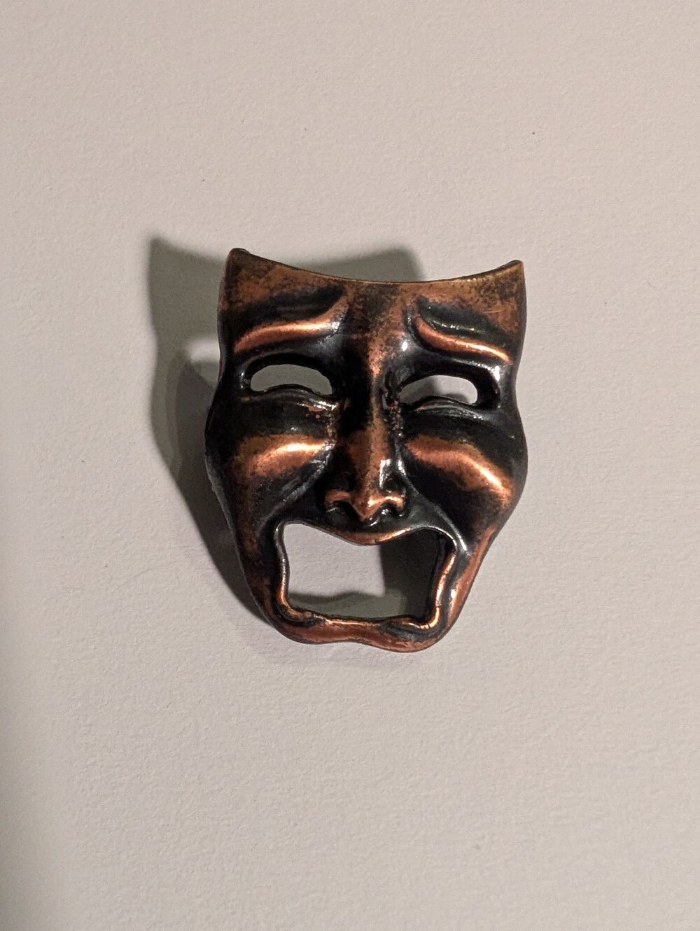 Vintage Solid Copper Tragedy Theater Mask Pin / Brooch